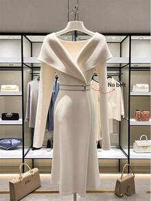 Lyxana Women's Elegant Solid Color V-Neck Long Sleeve Midi Dress, Versatile For Autumn - Apricot - View 1
