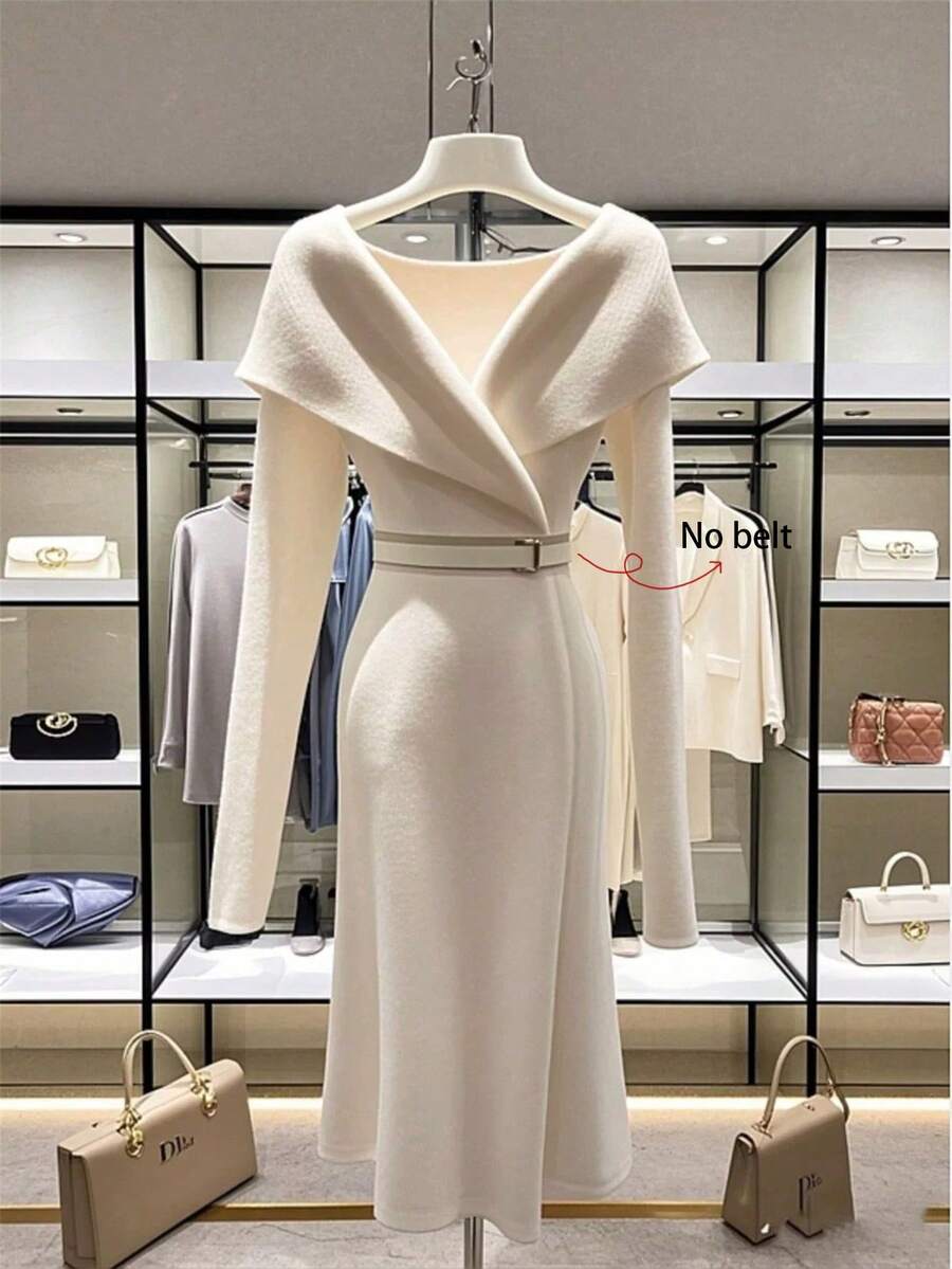 Lyxana Women's Elegant Solid Color V-Neck Long Sleeve Midi Dress, Versatile For Autumn - Apricot - View 1
