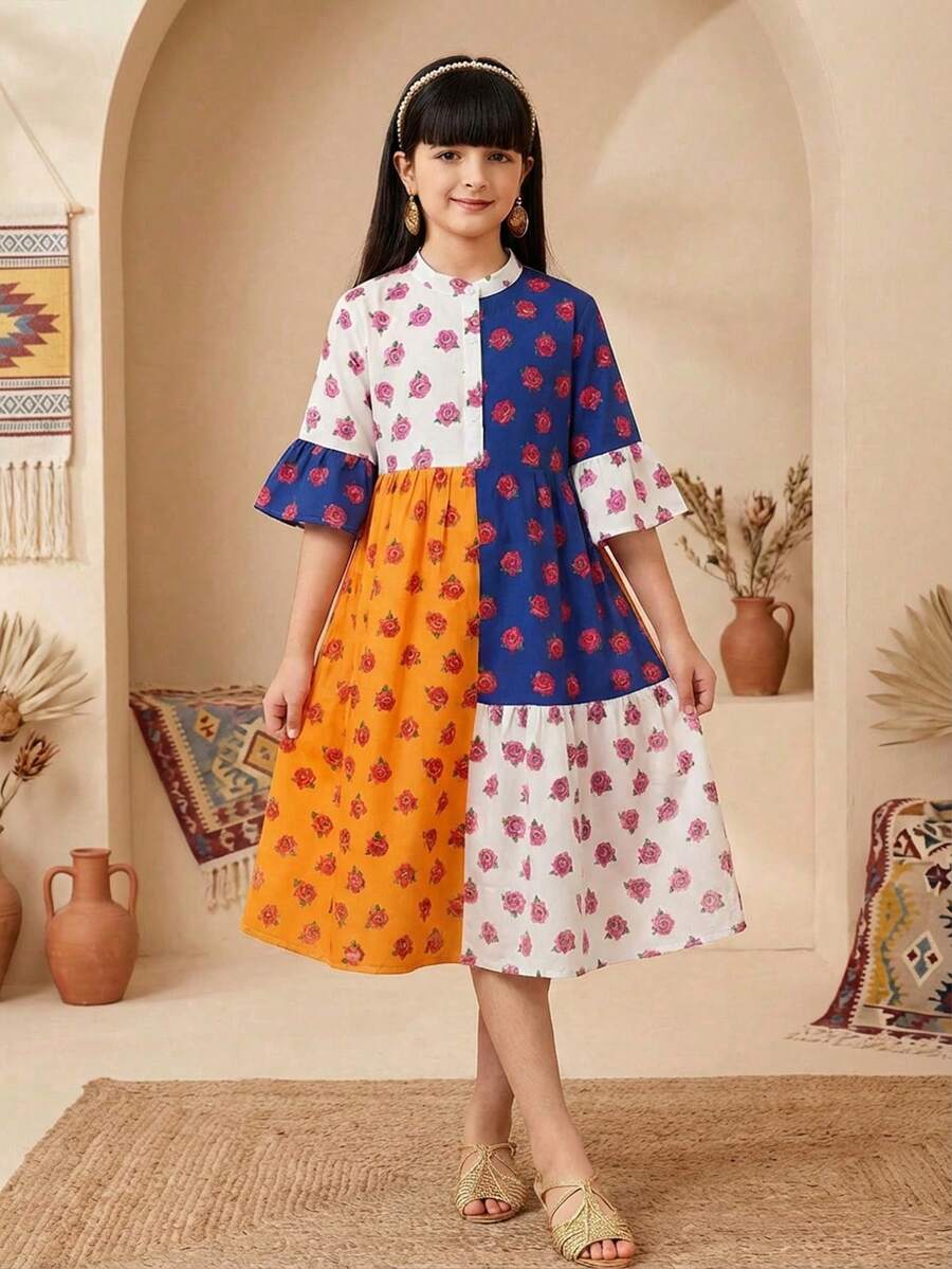 SHEIN Vestido camisa casual de parchwork tejido para niñas preadolescentes de vacaciones - Multicolor - Ver 1