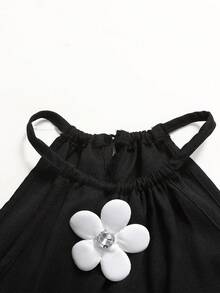 SHEIN Vestido de vacaciones ajustado con cuello halter y estampado floral elegante para niña preadolescente - Negro - Ver 2