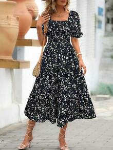 EMERY ROSE 女士碎花泡泡袖中长连衣裙 - 藏蓝色 - 查看 3