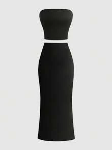 SHEIN Girlism 少女夏季纯色抹胸上衣和高腰侧开衩裙套装 - 黑色 - 查看 5