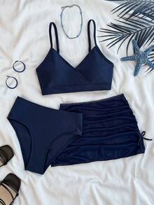 SHEIN Bộ tankini in hoa dành cho thiếu nữ/các cô gái tuổi teen, kèm chân váy xếp ly, chất liệu co giãn cao, không xuyên thấu, có thể giặt máy, thích hợp cho bơi lội, nghỉ mát, mặc đi biển mùa hè. - Xanh đậm - Xem 4