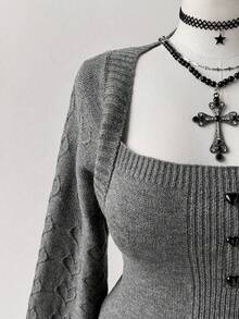 Sunspun 大码女式休闲U领心形纽扣装饰长袖修身套头毛衣 - 深灰色 - 查看 5