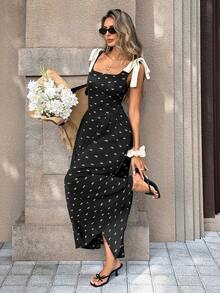 Chiquease French Vintage Bow Print Tie-Shoulder Dress,Women's Elegant Square Neck Slim Fit Maxi Dress For Summer,Black N White Tea Party Sundress - Black - View 5
