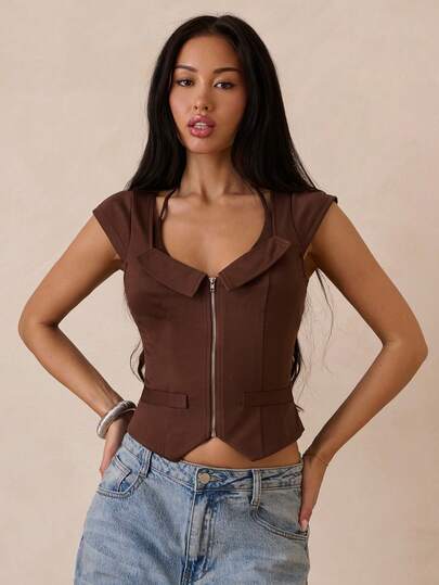 SHEIN Glamour Women's Summer Versatile T-Shirt With Faux Pockets And Zipper Design