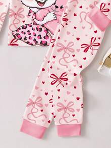 1 Set Young Girls Cute Rabbit & Bow Heart Print Knit Tight Fit Long Sleeve Top And Pants Pajama Set, Spring/Autumn - Pink - View 4