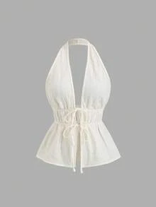 Sweetra 新款格子露背吊带休闲阔腿裤女装杏色两件套，适合春夏度假和日常休闲穿着 - 杏色 - 查看 3