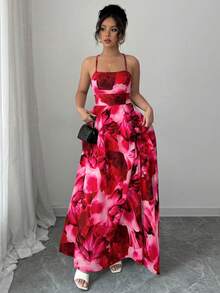 Elenzga Damen Kleid mit Tintendruck und Kreuzgurten - Rot - Übersicht 6