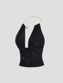 Sweetra Women's Sexy Low-Cut Backless Pleated Metallic Fabric Choker Neck Sleeveless Top, Fashionable Party & Versatile, Spring/Summer - Black - View 1