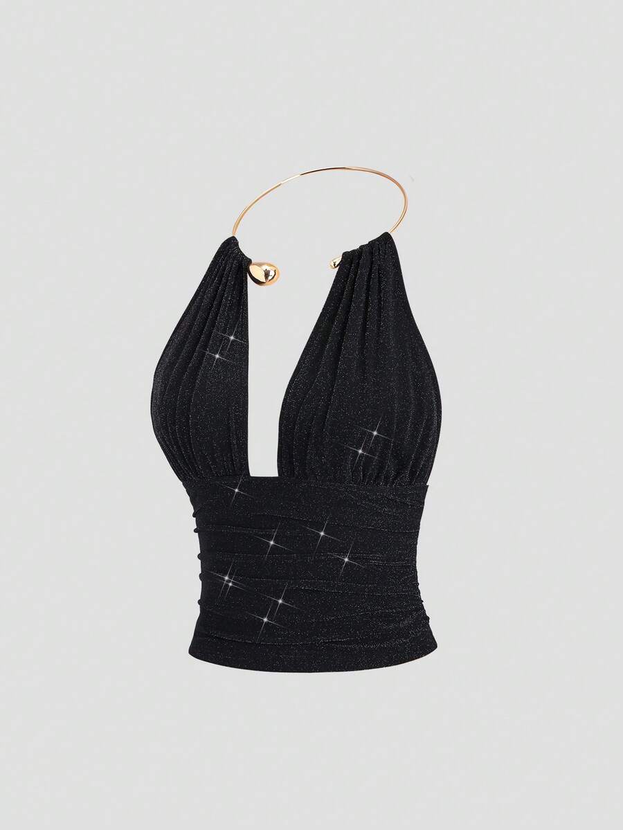 Sweetra Women's Sexy Low-Cut Backless Pleated Metallic Fabric Choker Neck Sleeveless Top, Fashionable Party & Versatile, Spring/Summer - Black - View 1