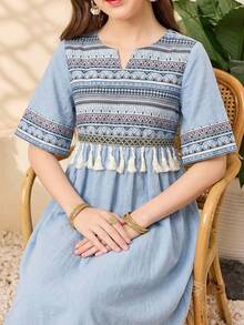 SHEIN Vestido casual de manga corta para niñas preadolescentes, adecuado para el Ramadán - Multicolor - Ver 2
