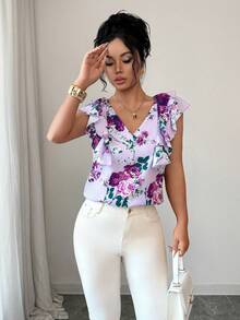 Rafferiza Shirts Spring/Summer New Arrival: Women's Purple Base With Purple And Pink Floral Print Top, Featuring A V-Neck, Multi-Layered Ruffle Sleeves, And A Sleeveless Design. - Purple - View 8