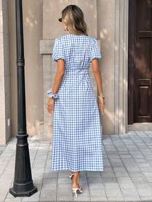 SHEIN PariChic 女士休闲格子开衩下摆连衣裙，适合度假 - 彩色 - 查看 2