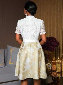 Lyxana Lace Jacquard Fabric Splice V-Neck Belted Wrap Elegant Mid-Length Dress For Women - Light Yellow - View 2