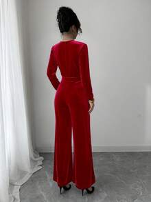 Elenzga Bộ đồ liền thân nhung thắt lưng khóa kim loại dành cho nữ, dự tiệc và tụ tập - Đỏ - Xem 2