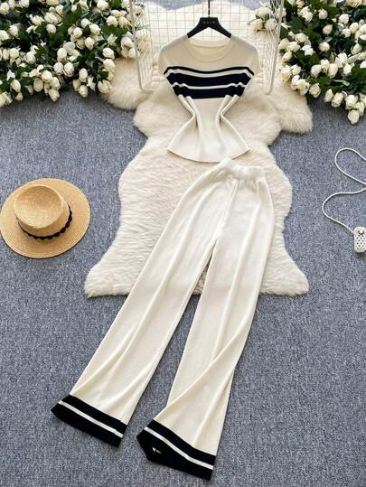 GlowEve New European And American Fashion Mixed Color Elegant Versatile Knitted Sweater Set