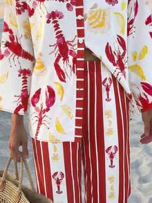 EMERY ROSE 印花翻领长袖宽松上衣搭配同款松紧腰阔腿裤两件套女装 - 彩色 - 查看 4