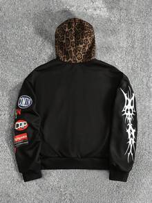 ROMWE MEN Street Life 男士豹纹撞色连帽衫，复古街头风 - 黑色 - 查看 2