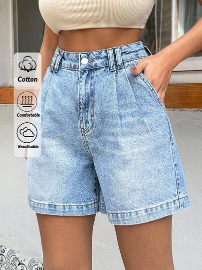 SHEIN PETITE Solid Color Oblique Pocket Pleated Casual Fashion Denim Shorts