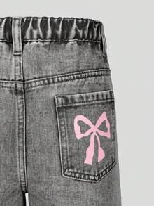 SHEIN ChillGRL 少女休闲时尚浅蓝色牛仔蝴蝶印花宽松阔腿休闲版型舒适百搭日常水洗牛仔裤 - 灰色 - 查看 7