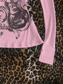 Women's Casual, Daily, Commuting, Fashion, Street, Guitar & Letter Print Long Sleeve T-Shirt, Spring/Autumn - Baby Pink - View 4