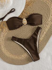 Swim Chiccia 女士棕色亮面面料配饰，优雅时尚高衩裤挂脖比基尼套装，适合海滩、春夏音乐节等场合。 - 棕色 - 查看 5