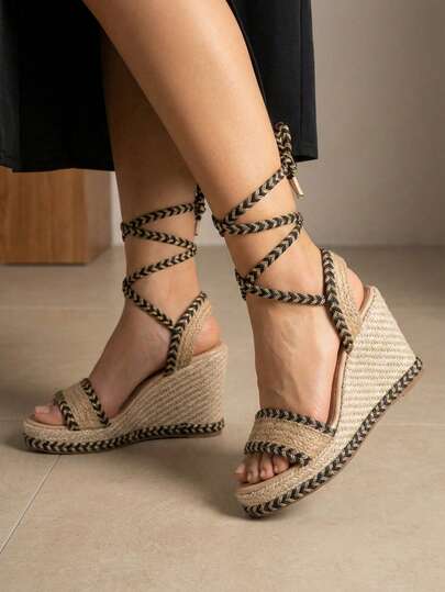 Sandalias de mujer con suela gruesa, estilo europeo y americano, plataforma de cuerda tejida para mujer, estilo bohemio