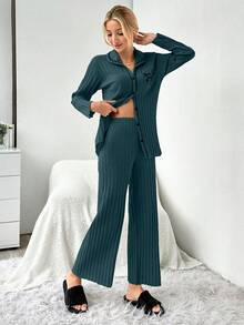 EURMUSE Women Ribbed Lapel Single-Breasted Letter Embroidery Pattern Long Sleeve Top And Wide-Leg Pants Casual Loungewear Set - Navy Blue - View 4