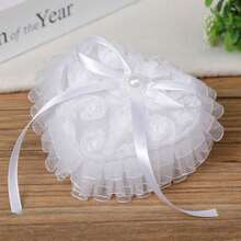 1 pieza Caja portátil con forma de corazón para propuesta, con adorno de encaje y flores, almohada para anillo de boda para niña de las flores, Navidad - Blanco-5941 - Ver 7