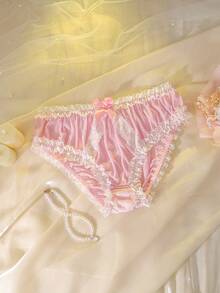 DelicateAllure Plus Size Lace Patchwork Ruffled Bowknot Sheer Hazy Cute Sexy Babydoll Panties, Pink - Pink - View 6