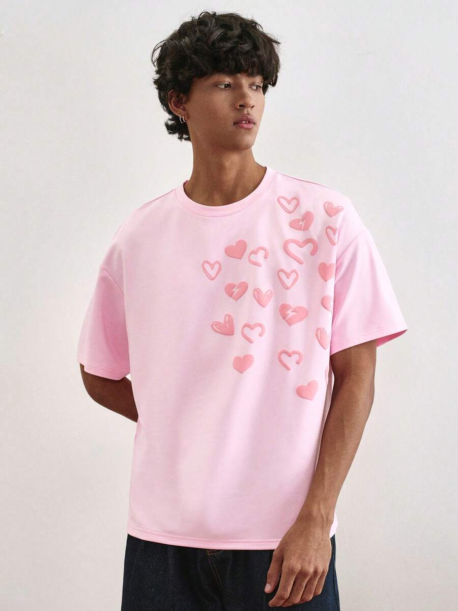 TOKVUE Men's Fashion Casual Relaxed Fit Valentine's Day T-Shirt,Pink 3D Heart Print,Summer Cute Dates,Unisex Couples' Set,Y2k Style Graphic Pink Shirt Gift - Pink - View 1