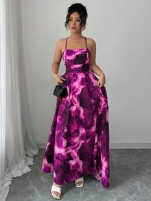 Elenzga Đầm dài nữ in họa tiết mực, thắt dây chéo - Màu Hồng Tươi - Xem 6