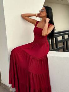 EURMUSE Sleeveless Crop Top & Tiered Maxi Skirt Two Pieces Set – Ruffle Design, Women's Summer Outfit - Burgundy - View 6
