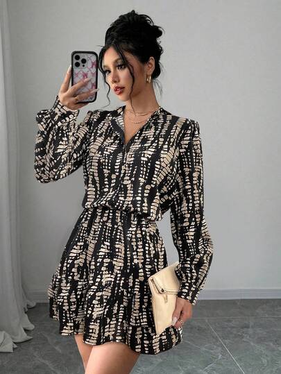 Rafferiza Petite Vestido corto casual de mujer con estampado geométrico y cintura, para primavera/verano