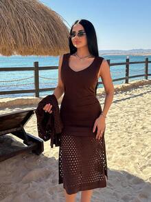 EURMUSE Tall Sunset Layers – 2 Pieces Beach Cover-Up Set, Includes Hollow Knit Cover Up And Fitted Dress, Creating Spring/Summer Vacation Layered Look - Brown - View 5