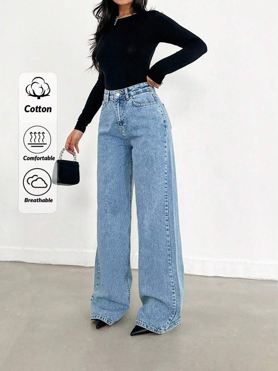 Women's Casual Washed High Waist Wide Leg Jeans Jeans Wide Leg Pants Jean Loose Jeans - Medium Wash - View 1