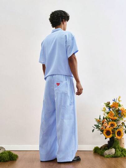 TOKVUE 男士休闲条纹短袖衬衫和裤子套装，适合日常穿着