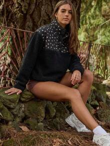 Aralina 秋冬休闲半开襟印花蓬松抓绒卫衣，内置抽绳，适合健身、运动和机场穿着，舒适百搭。 - 黑色 - 查看 8