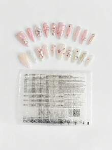 ROMWE Anime 10pcs Cute Wings, Rose, Bow, Music Note, Star Element High Quality Handmade False Nails + 3pcs Double-Sided Adhesive, Y2K Style Rhinestone Pink Polka Dot White Lace Removable Manicure Stickers, Suitable For Holidays, Parties, Dancing And Daily Wear - Multicolor - View 5