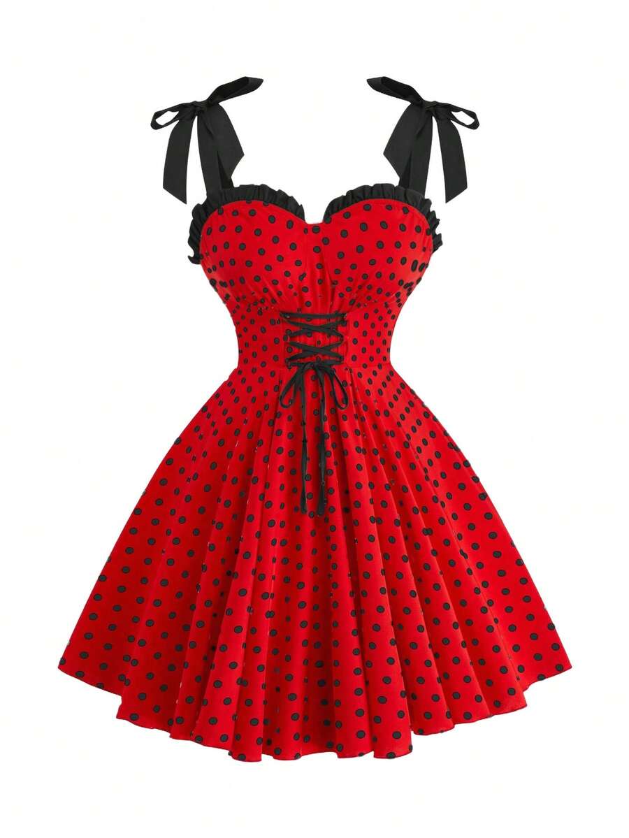Sweetra Đầm hai dây họa tiết chấm bi cỡ lớn, dây chéo, ngọt ngào và dễ thương. - màu đen - Xem 1