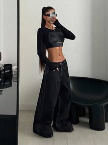 SHEIN Quần jean ống rộng màu đen có túi và cúc cài, kiểu dáng thường ngày, đa năng, phù hợp đi làm. - Rửa trung bình - Xem 4