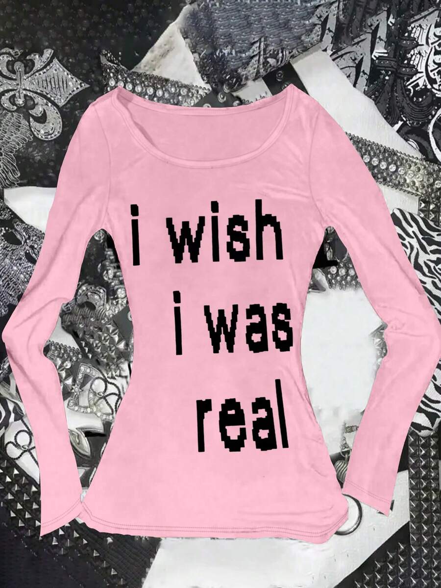 Glimmora 女士休闲日常通勤时尚街头标语印花长袖T恤，春秋季 - 淺粉色 - 查看 1