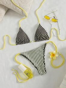 Swim Vcay Women's Beach Spring/Summer Music Festival Striped Print Beaded Cute Halter Knot Back Bikini Set