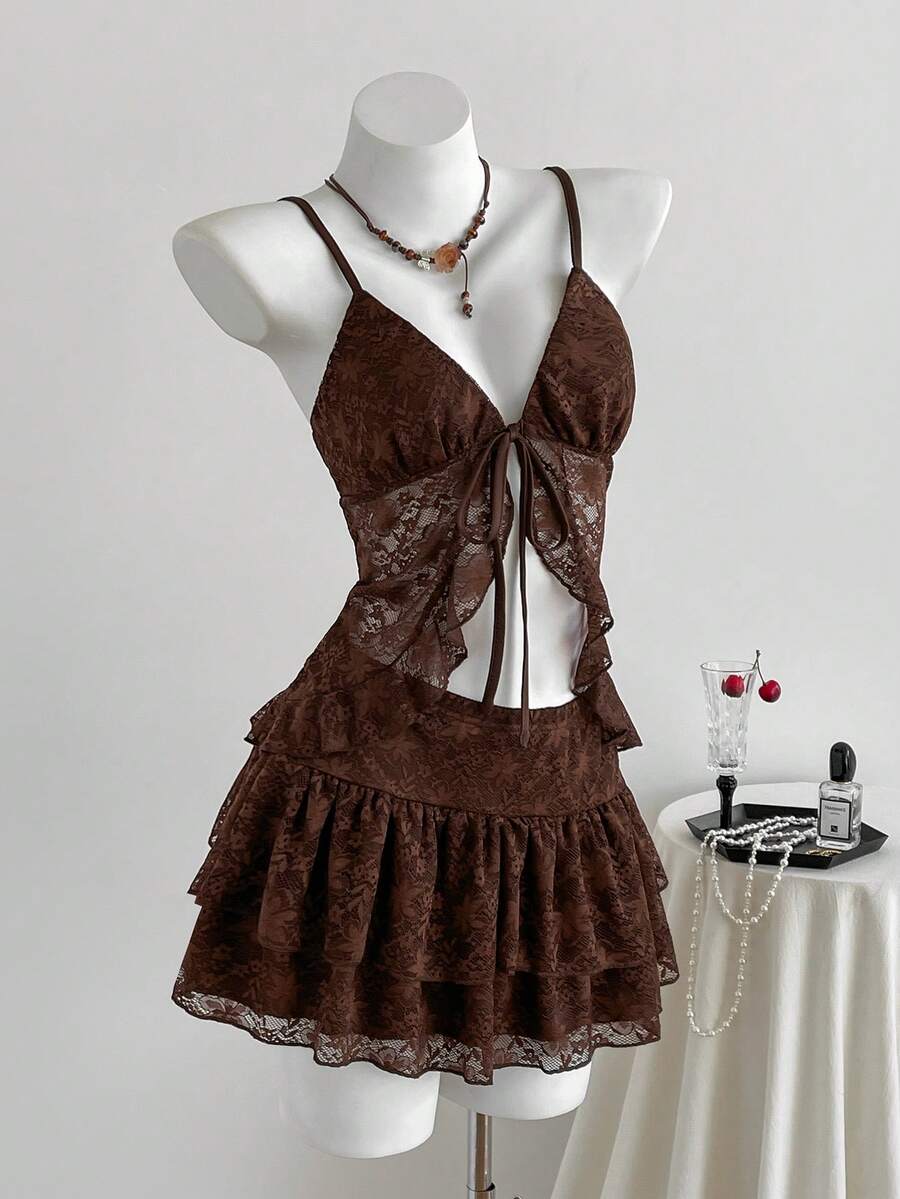 Sweetra Spring/Autumn Women's Lace Sexy Romantic Elegant Vacation Camisole Top And Cake Skirt 2-Piece Set - Coffee Brown - View 1