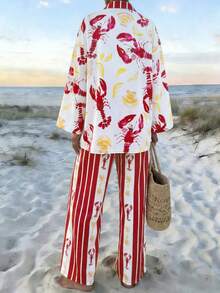 EMERY ROSE 印花翻领长袖宽松上衣搭配同款松紧腰阔腿裤两件套女装 - 彩色 - 查看 2