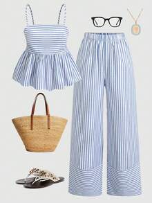 Girlism Teen Girls Tank Top Co-Ords Vacation Casual Woven Blue Striped Cami Top & Wide Leg Pants Set - Blue and White - View 1