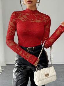 Rafferiza Women's Elegant Solid Color Lace Collar Long Sleeve T-Shirt - Red - View 3