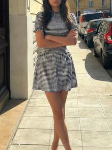 Pariaura Summer Casual Plaid Puff Sleeve Waist Tie Dress - Black and White - View 6