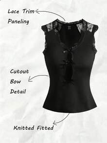 Olithes Top elegant și romantic, tricotat, fără mâneci, din dantelă patchwork, cu decolteu scobit, croială strâmtă și talie - Design strângător: Interpretând luxul ușor și stilul fermecător - Negru - Vizualizare 1